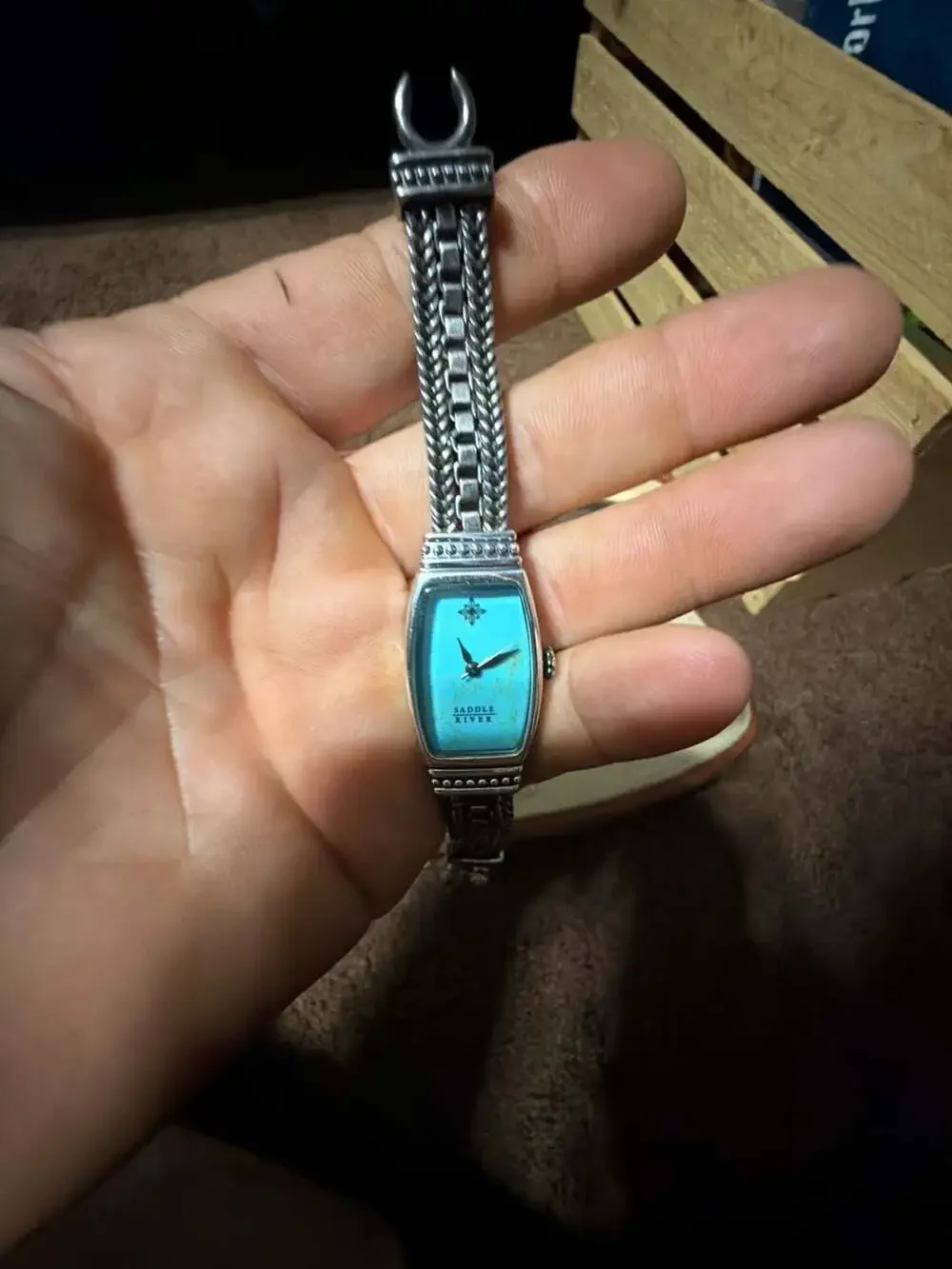 Saddle River Women's Watch Turquoise Dial Sterling Woven Bracelet Toggle Closure